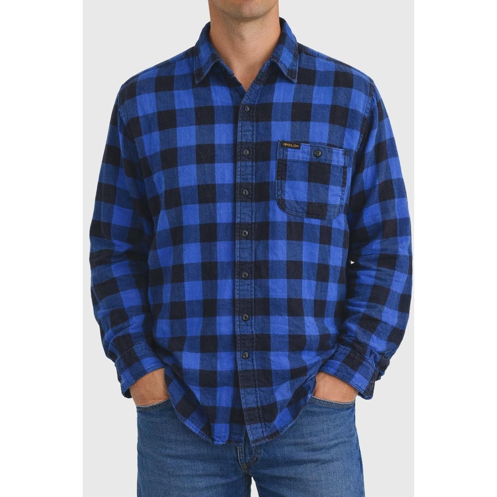Y2K Vintage Ralph Lauren Plaid Flannel Shirt Men 2XL Blue Black Two Front Pocket